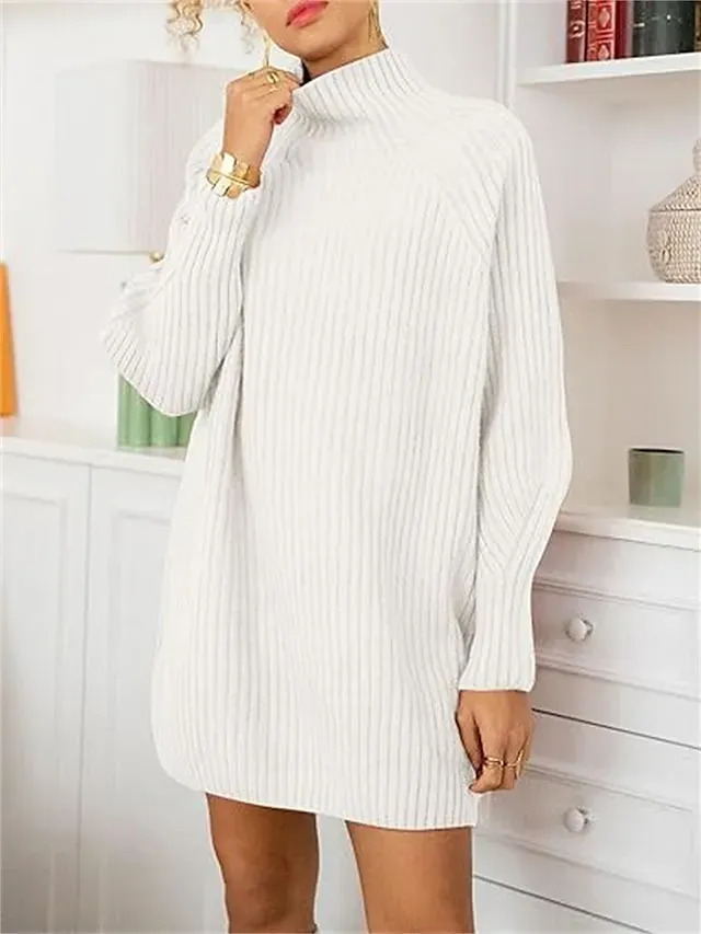 Women's Sweater Dress Jumper Dress Winter Dress Mini Dress Warm Fashion Casual Plain Outdoor Daily Vacation Going out Turtleneck Long Sleeve 2023 Loose Fit Black White Blue S M L XL