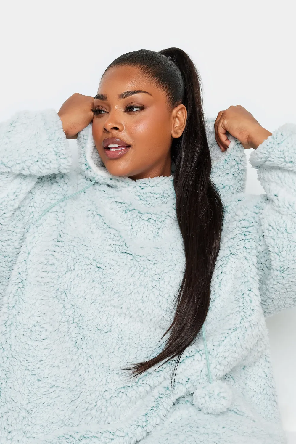 YOURS Curve Light Grey Teddy Drawstring Snuggle Hoodie