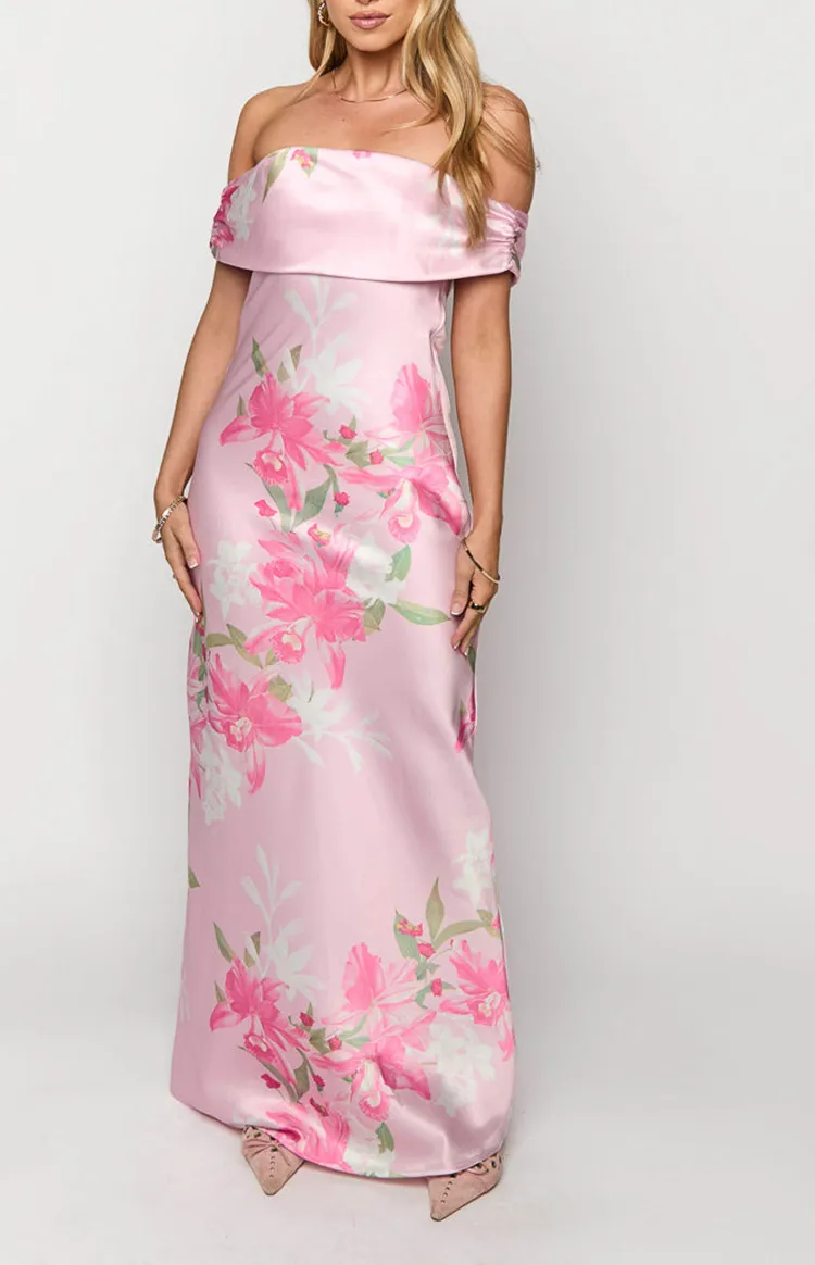 Off Shoulder Pink Floral Maxi Dress