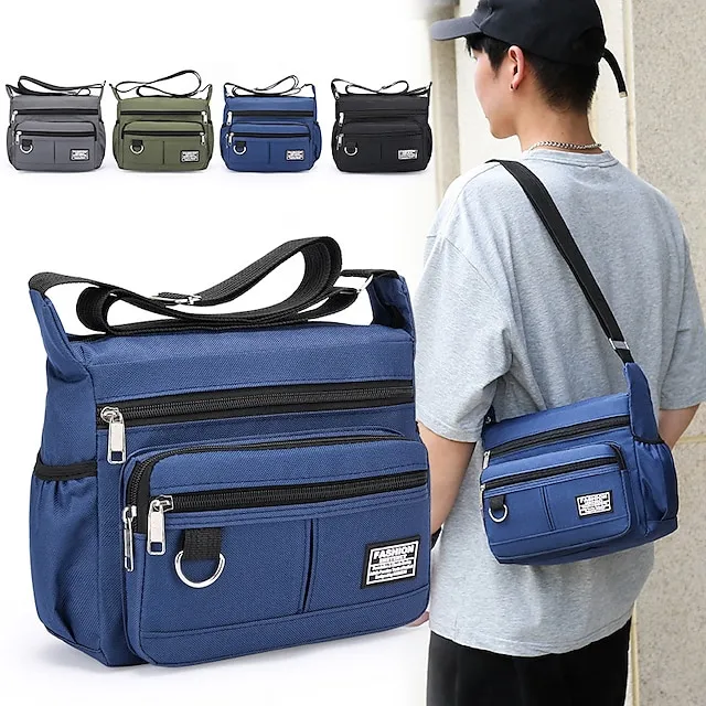 Men's Crossbody Bag Shoulder Bag Nylon Daily Holiday Zipper Adjustable Large Capacity Waterproof Solid Color Black Blue Green