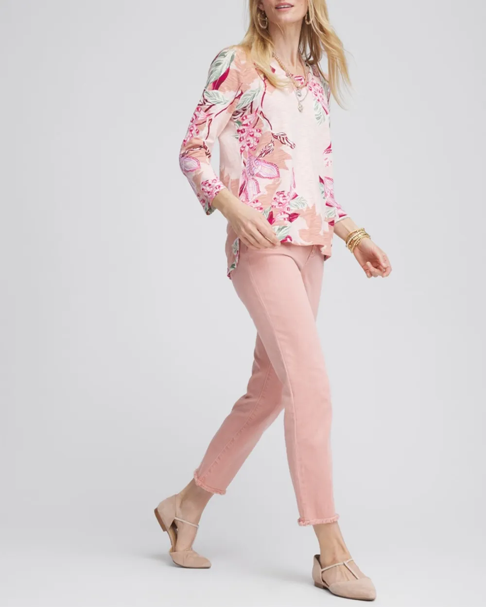 Sleeve Floral Print V-Neck Tee