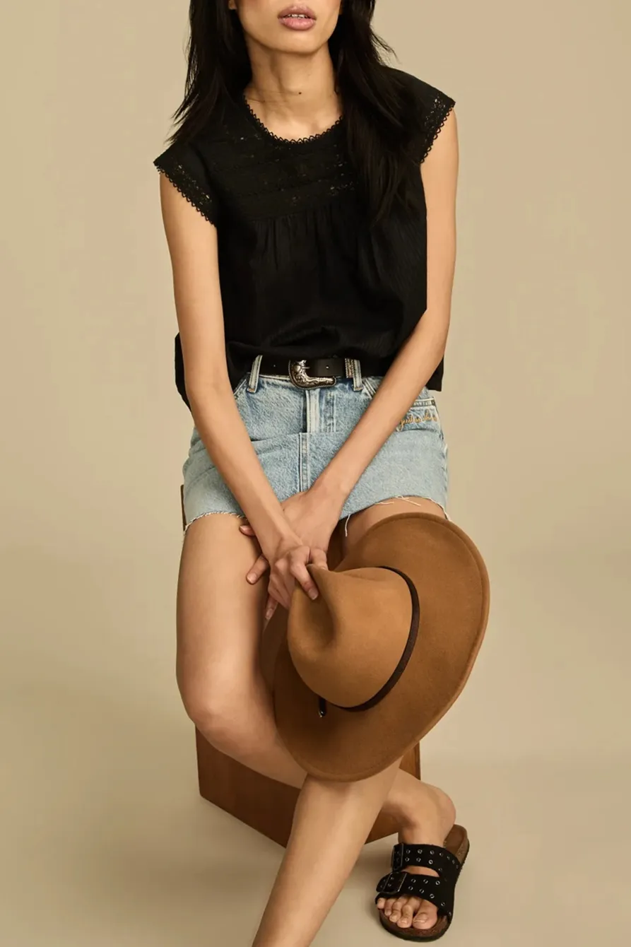 Jet Black Lace Neck Pintuck Shell Top