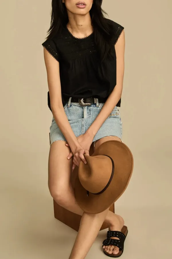 Jet Black Lace Neck Pintuck Shell Top