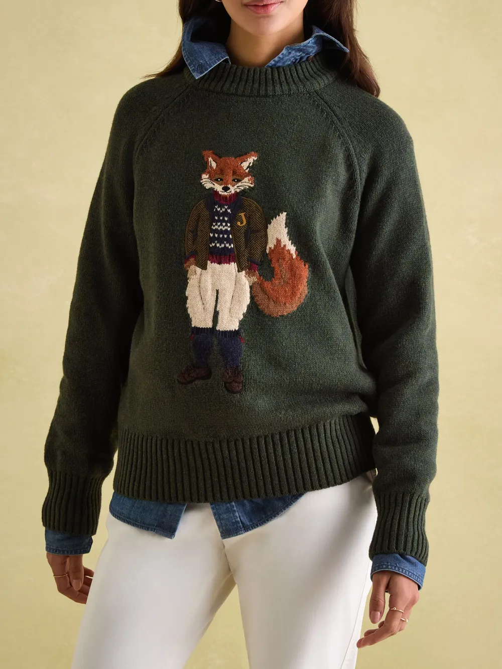 Dark Green Intarsia Fox Knit Jumper