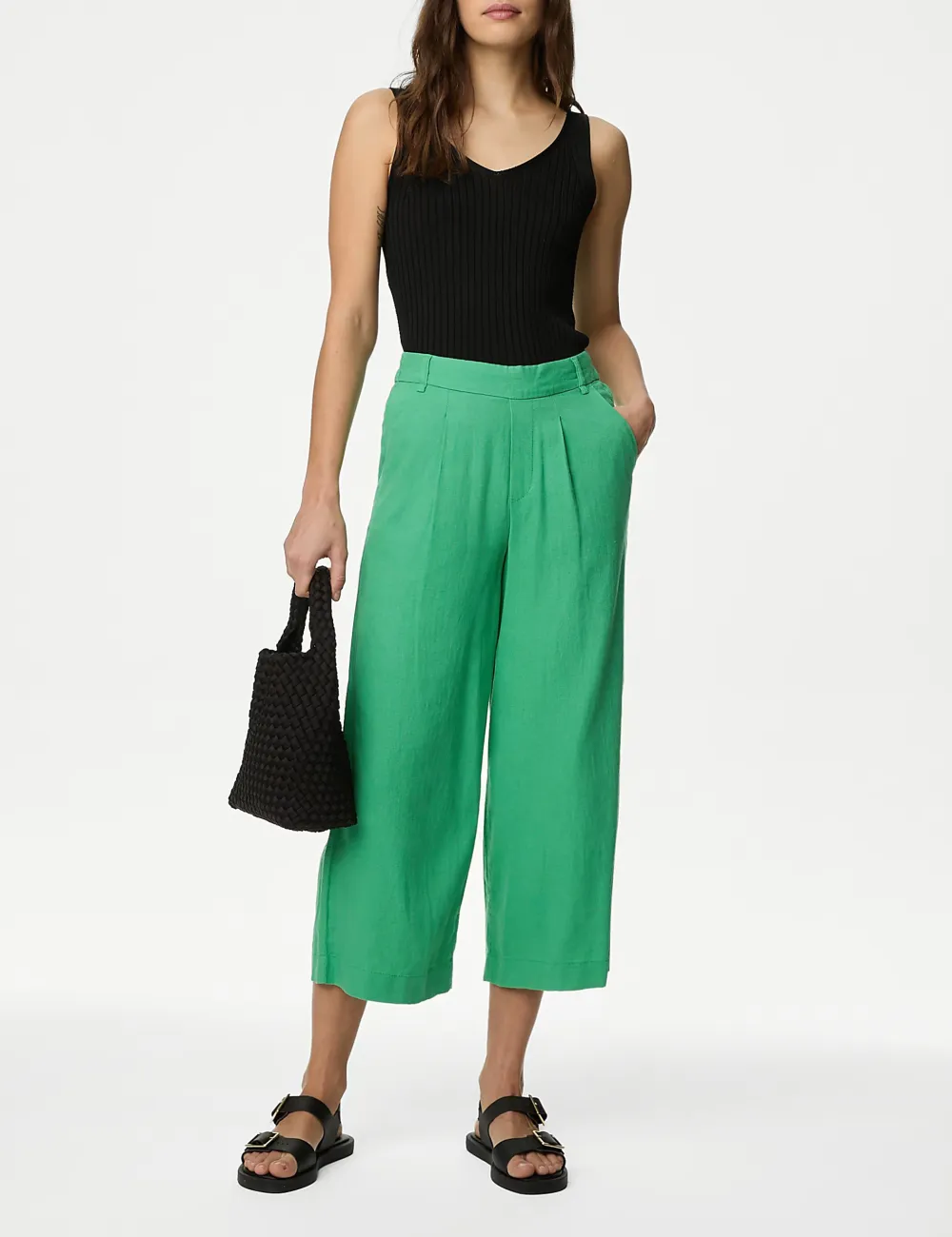 Black Shirred Wide Leg Trousers