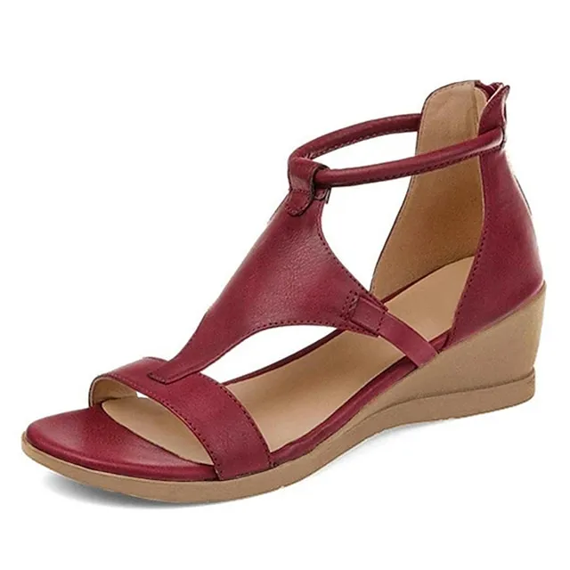 Women's Sandals Wedge Sandals Gladiator Sandals Roman Sandals Plus Size Outdoor Daily Summer Wedge Heel Open Toe Vintage Classic Casual PU Leather Polyester Zipper Solid Color Solid Colored Dark Red