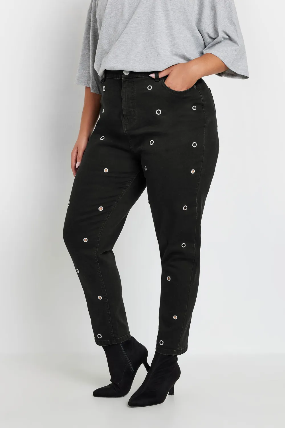 YOURS Curve Black Eyelet Detail Mom Jeans