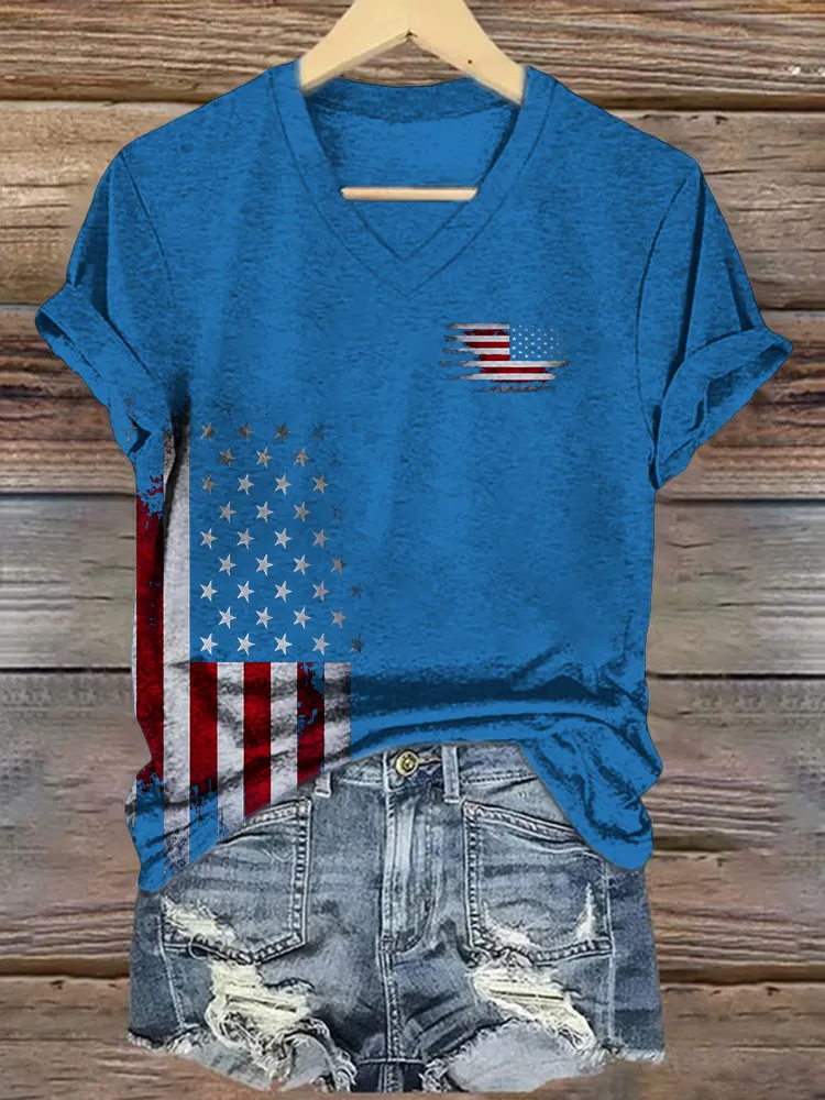 Women's Independence Day Flag Short Sleeves V-Neck Pure Cotton T-Shirt