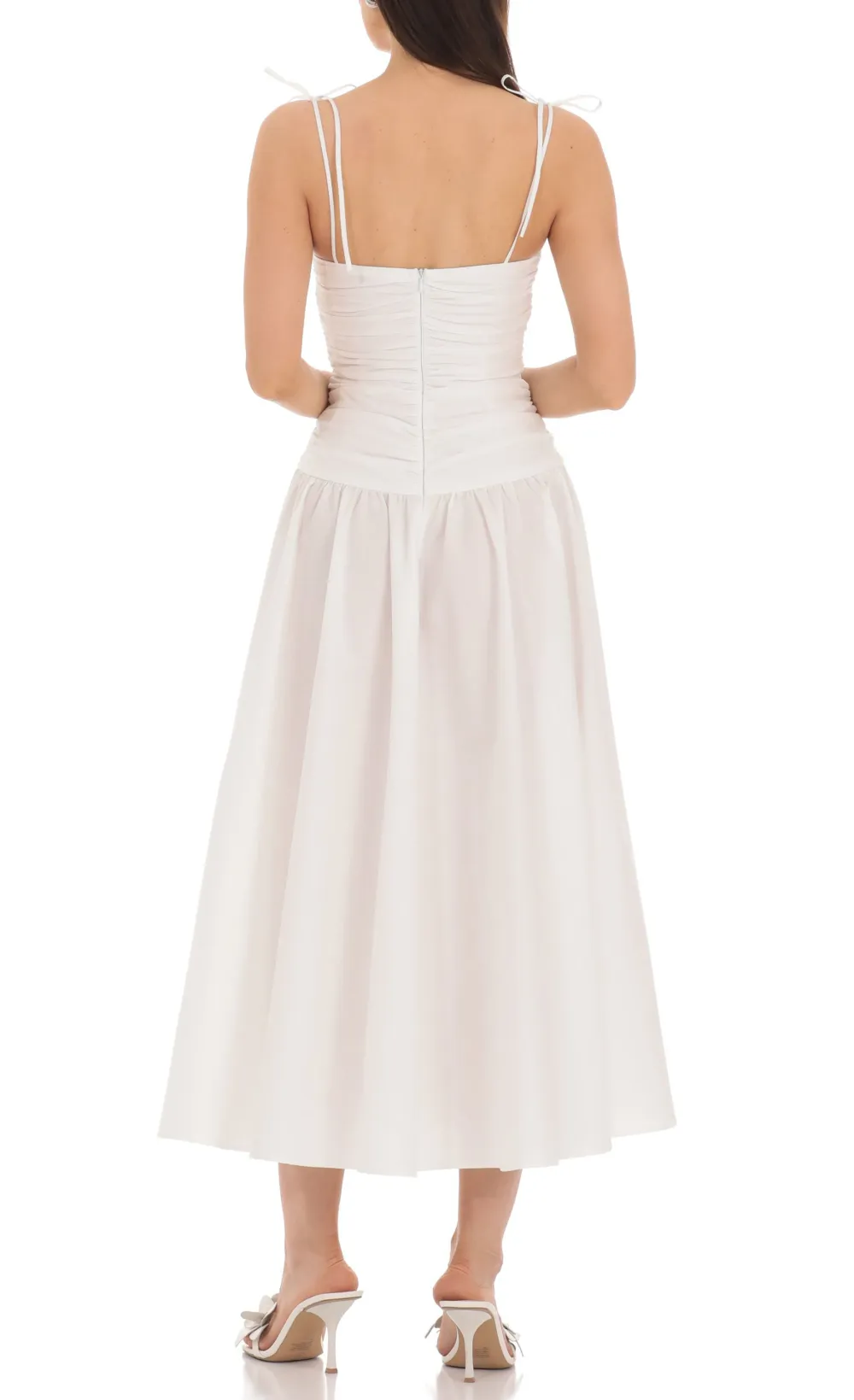 Ruched Square Neck Midi Dress in White