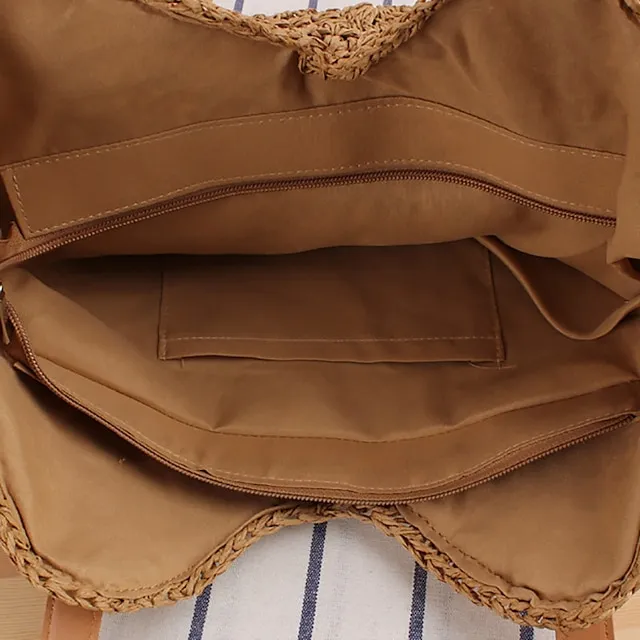 Women's Tote Crossbody Bag Straw Daily Going out Solid Color Dark Brown Beige