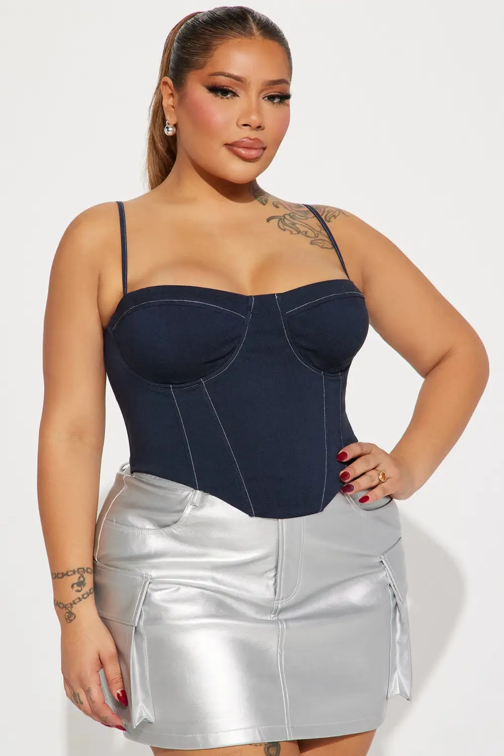 Carmen Knit Denim Corset Top - Navy