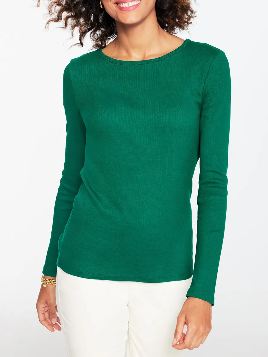 Lady Modern Ribbed Woven Texture Round Neck Long Sleeve T-Shirt