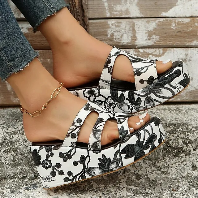 Women's Sandals Slippers Wedge Sandals Platform Sandals Plus Size Daily Beach Summer Platform Wedge Heel Open Toe Vintage Casual Faux Leather Loafer Color Block Black / White Snake pattern Black
