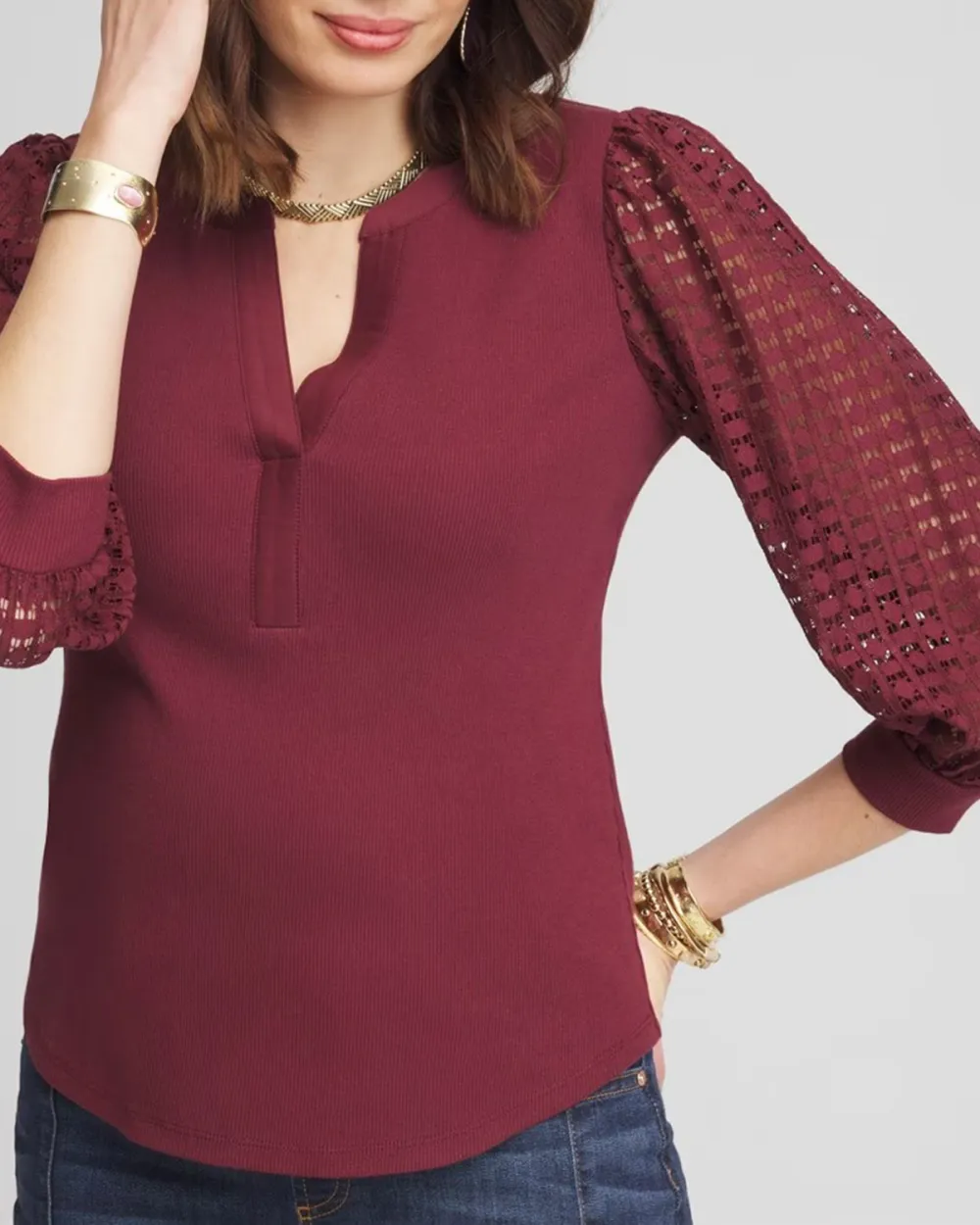 Split Neck Lace Sleeve Top