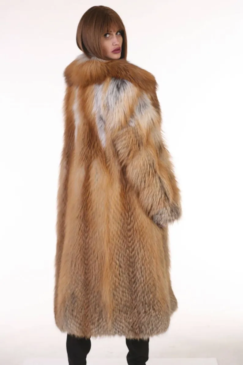 Full Length Red Fox Fur Coat Hooded