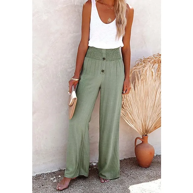 Women's Culottes Wide Leg Linen Pants Chinos Faux Linen Solid Color Baggy Full Length Micro-elastic Mid Waist Fashion Casual Weekend Black White S M Summer
