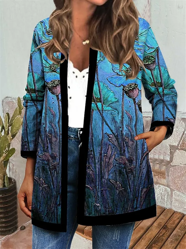 Women's Jacket Casual Jacket Daily Holiday Winter Autumn / Fall Regular Coat Round Neck Regular Fit Casual St. Patrick's Day Jacket Long Sleeve Floral Print Green Blue Yellow