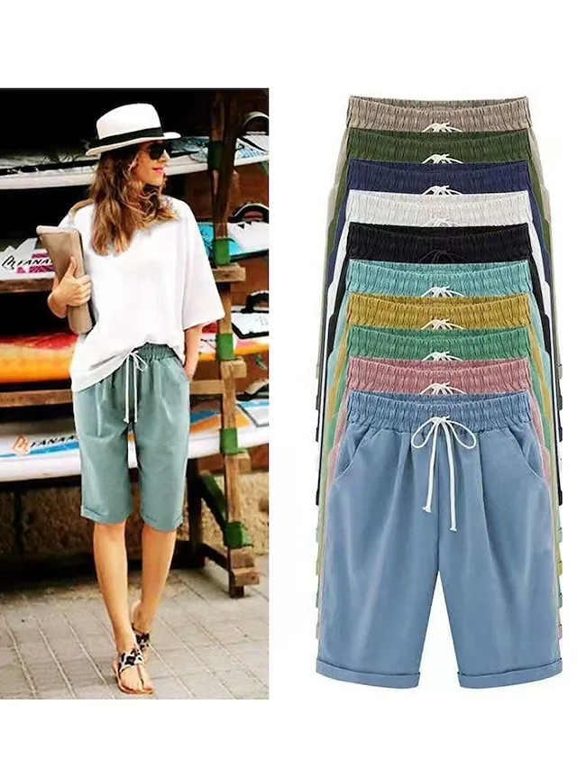 Women's Lounge Shorts Pure Color Elastic Waist with Drawstring Simple Casual Comfort Home Daily Vacation Polyester Breathable Pocket Five-point Pants