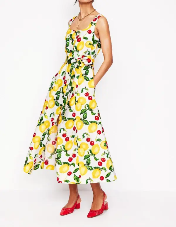 Lemon - Print Spaghetti - Strap Midi Dress