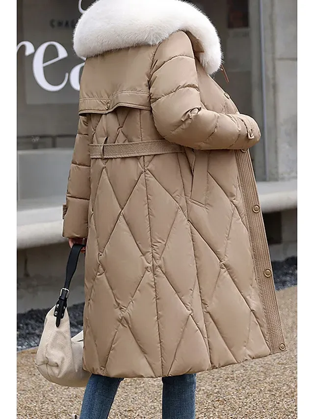 Women's Parka Warm Long Puffer Jacket Zipper with Fur Collar Hood Winter Outdoor Street Daily Wear with Pocket Vacation Modern Casual Plain Regular Fit Outerwear Long Sleeve Fall Black White Khaki