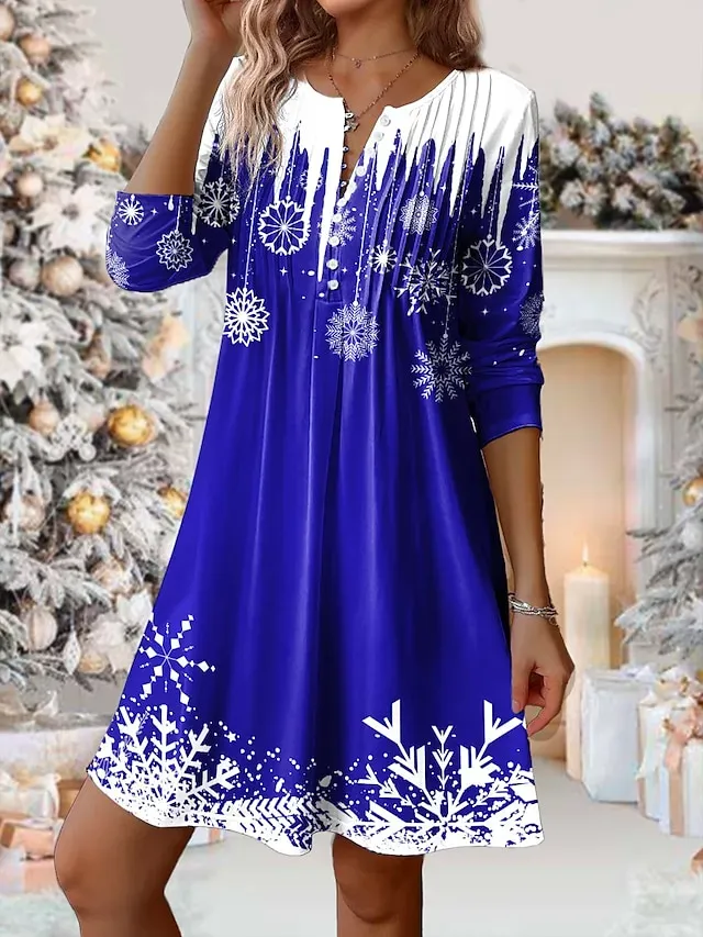 Women's Red Christmas Dress Winter Dress Snowflake Print Button Split Neck Mini Dress Fashion Basic Outdoor Christmas Long Sleeve Loose Fit Wine Navy Blue Blue Fall Winter S M L XL XXL
