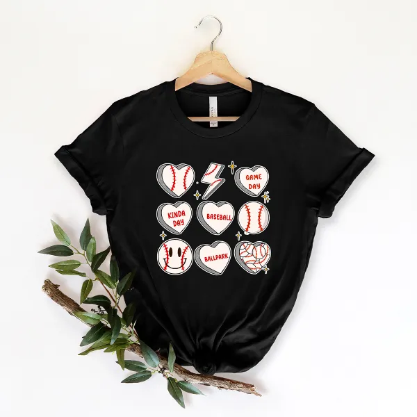 Baseball Game Day Print Round Neck Short Sleeve T-Shirt