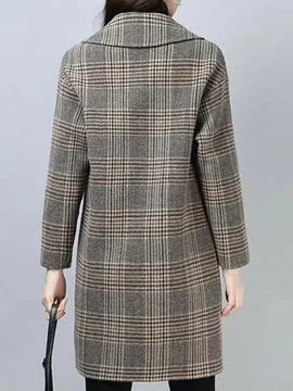 Lapel Collar Long Sleeve Plaid Buckle Regular Loose Coat For Women