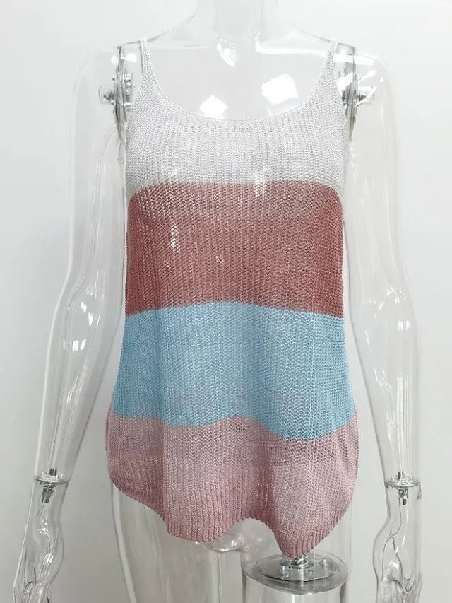 Women's Camisole Tank Top White Pink Blue Color Block Sleeveless Causal Holiday Basic Vacation U Neck Regular Cotton S
