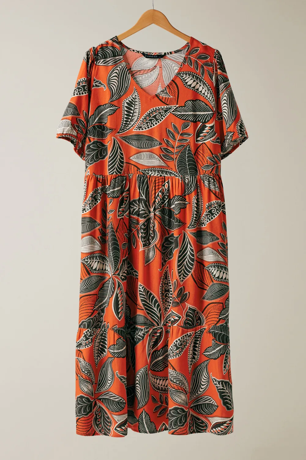 EVANS Curve Rust Orange Leaf Print Linen Midi Dress