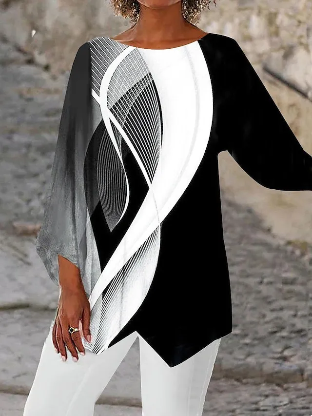 Women's Shirt Blouse Black White Light Grey Graphic Butterfly Asymmetric Print Long Sleeve Casual Basic Round Neck Regular Fit Butterfly Spring Fall