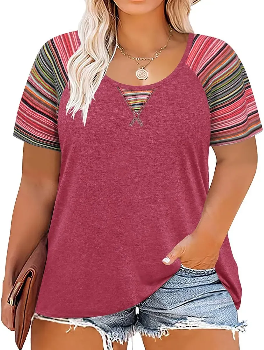 TIYOMI Plus Size T Shirt for Women Short Sleeve Tunic Cross Line Shirts Round Neck Tops Summer Blouse XL-5XL 14-28