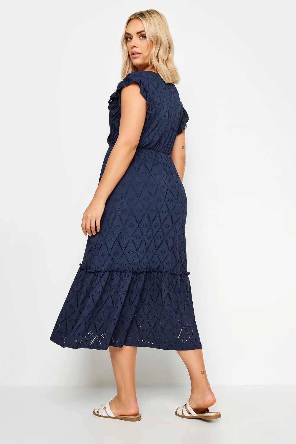 YOURS Curve Navy Blue Broderie Anglaise Midaxi Dress