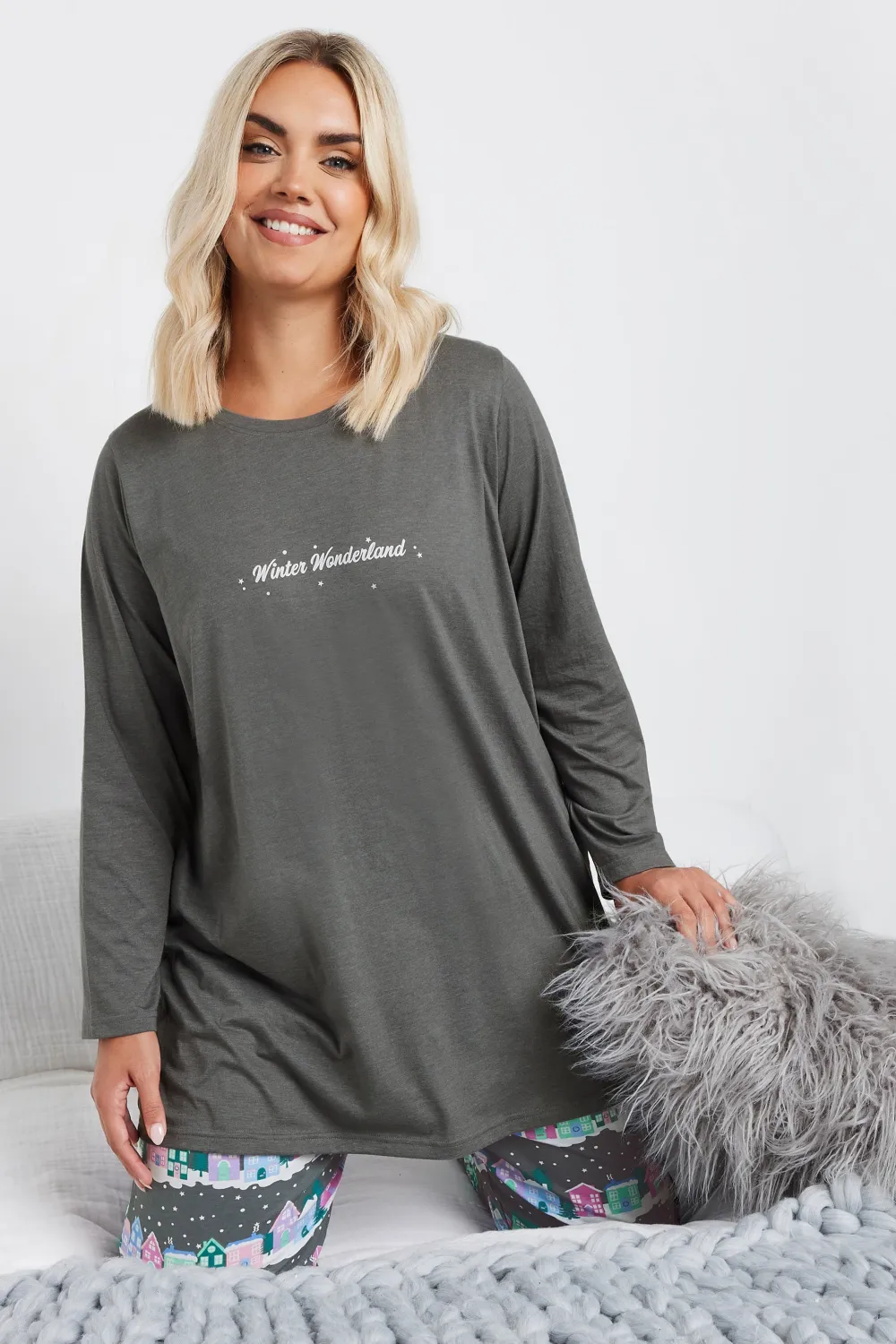 YOURS Curve Grey 'Winter Wonderland' Cuffed Pyjama Set