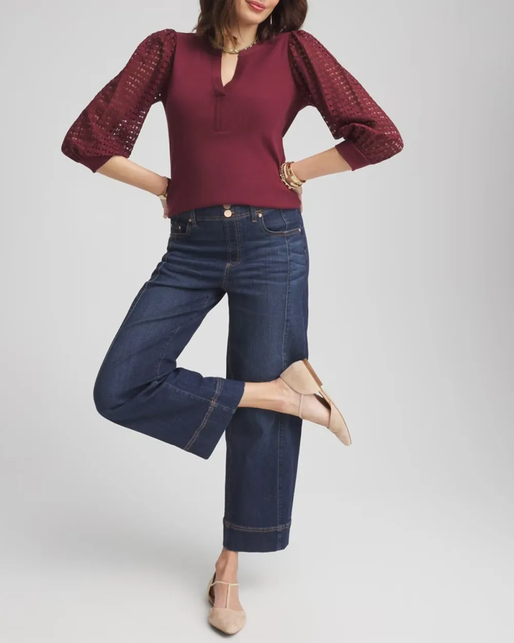 Split Neck Lace Sleeve Top