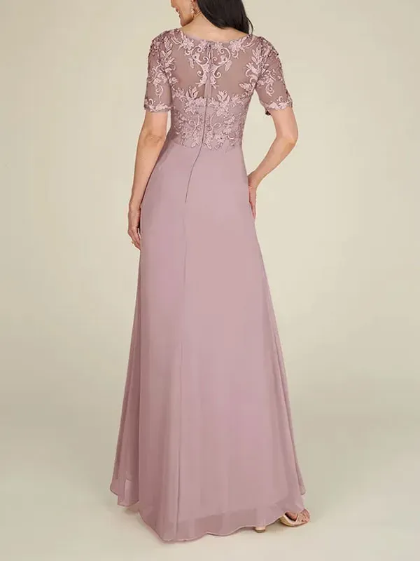 Floor-to-ceiling chiffon lace back zip bridal mom dress