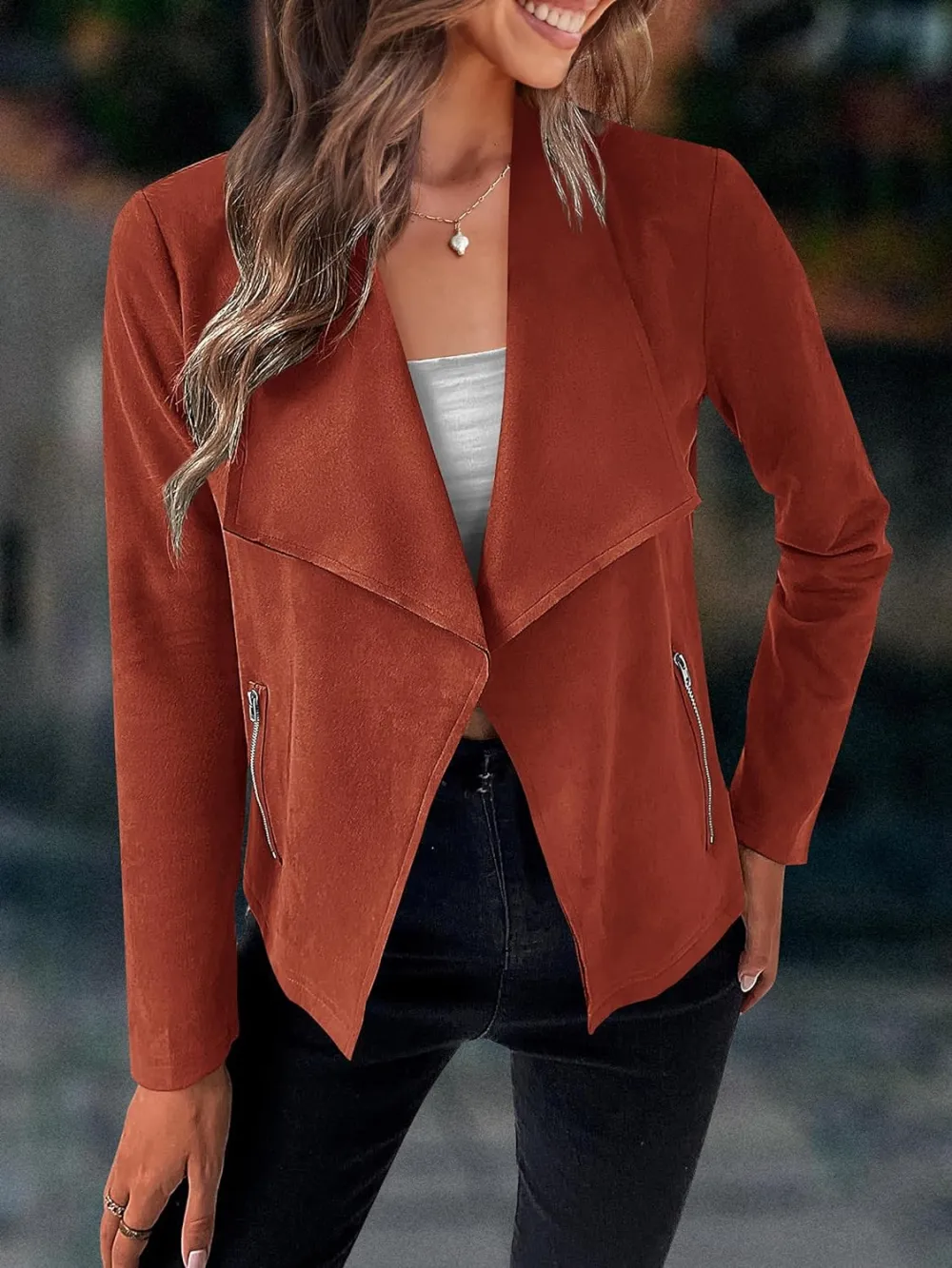 Women's Faux Suede Jackets 2023 Fall Clothes Long Sleeve Open Front Cropped Coat Outwear