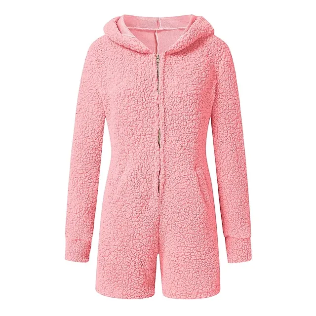 Women's Fleece Adult Onesies Bear Onesie Pajamas Pjs Pure Color Warm Simple Plush Party Home Fleece Hoodie Long Sleeve Fall Winter Skin powder Black