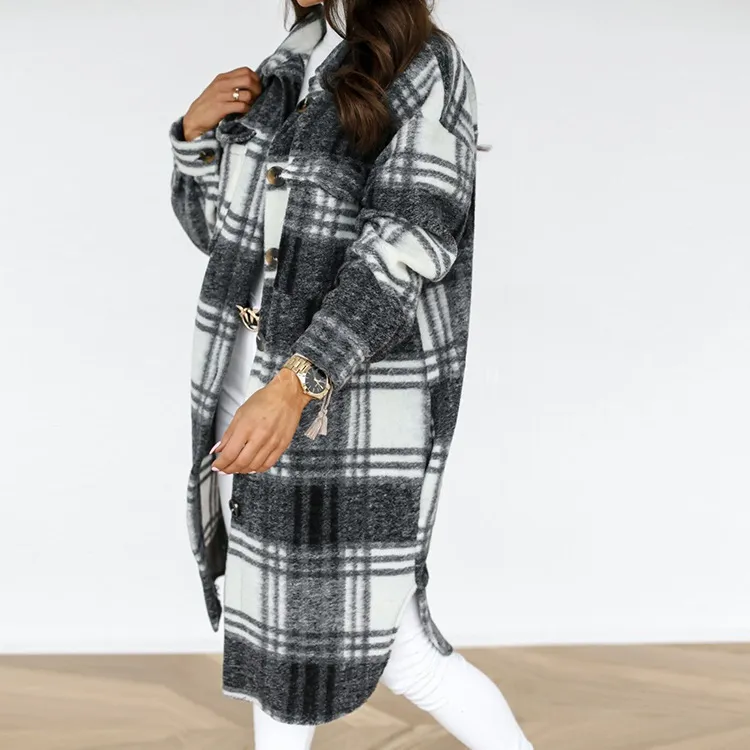 Long-sleeve Plaid Brushed Mid-length Shirt Coat