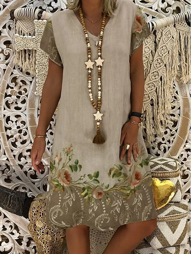 Women's Casual Dress Shift Dress Midi Dress White Blue Green Short Sleeve Flower Print Summer Spring V Neck Basic Vacation Summer Dress 2023 S M L XL XXL 3XL