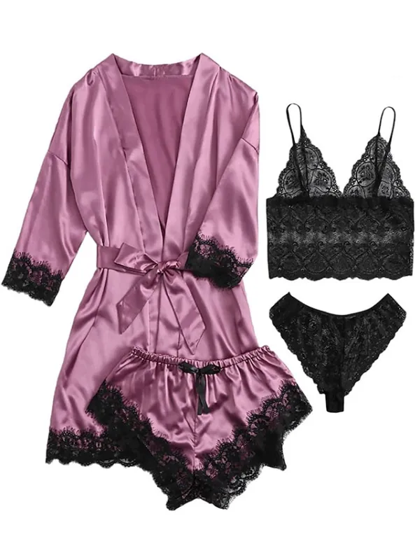 Women's Lace Satin Silk Pajamas Sets 4 Pieces Pure Color Simple Casual Soft Home Daily Bed Satin Breathable V Wire Long Sleeve Shorts Summer Spring Black Pink