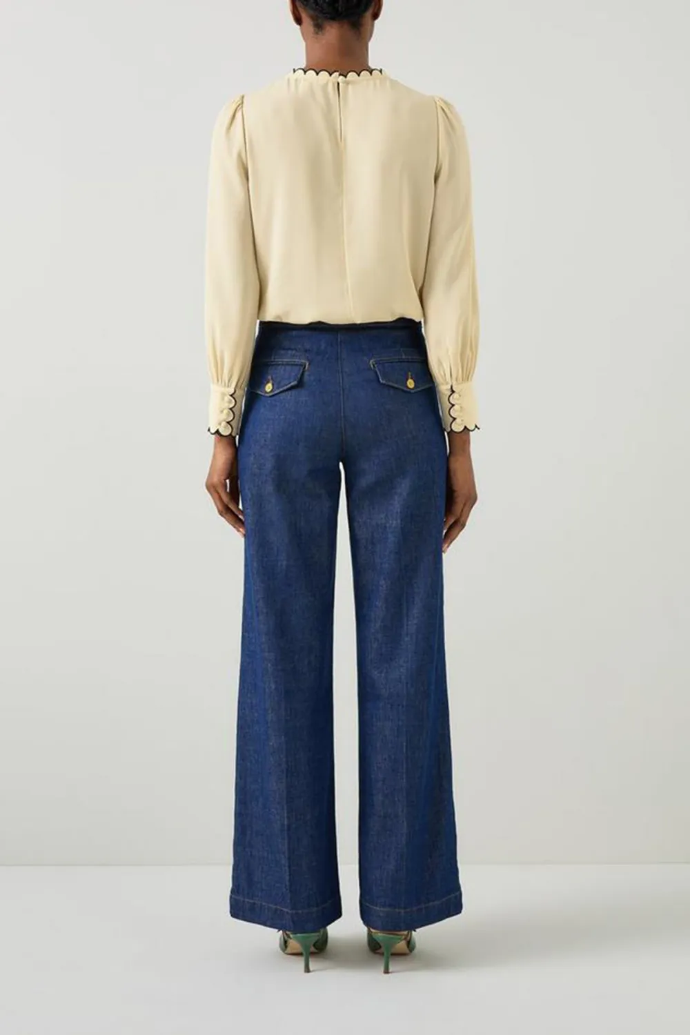 Cream Scallop Trim Long Sleeve Button Up Top