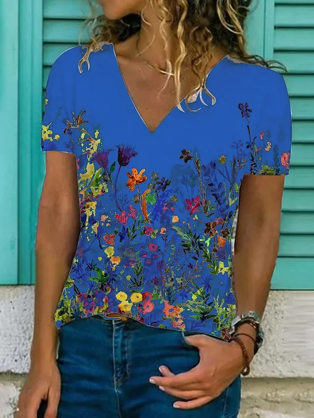 Women's T shirt Tee Black White Blue Graphic Floral Print Short Sleeve Casual Daily Basic V Neck Regular Floral Butterfly S