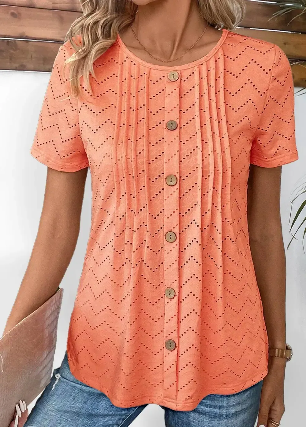 Orange Tuck Stitch Short Sleeve Round Neck T Shirt