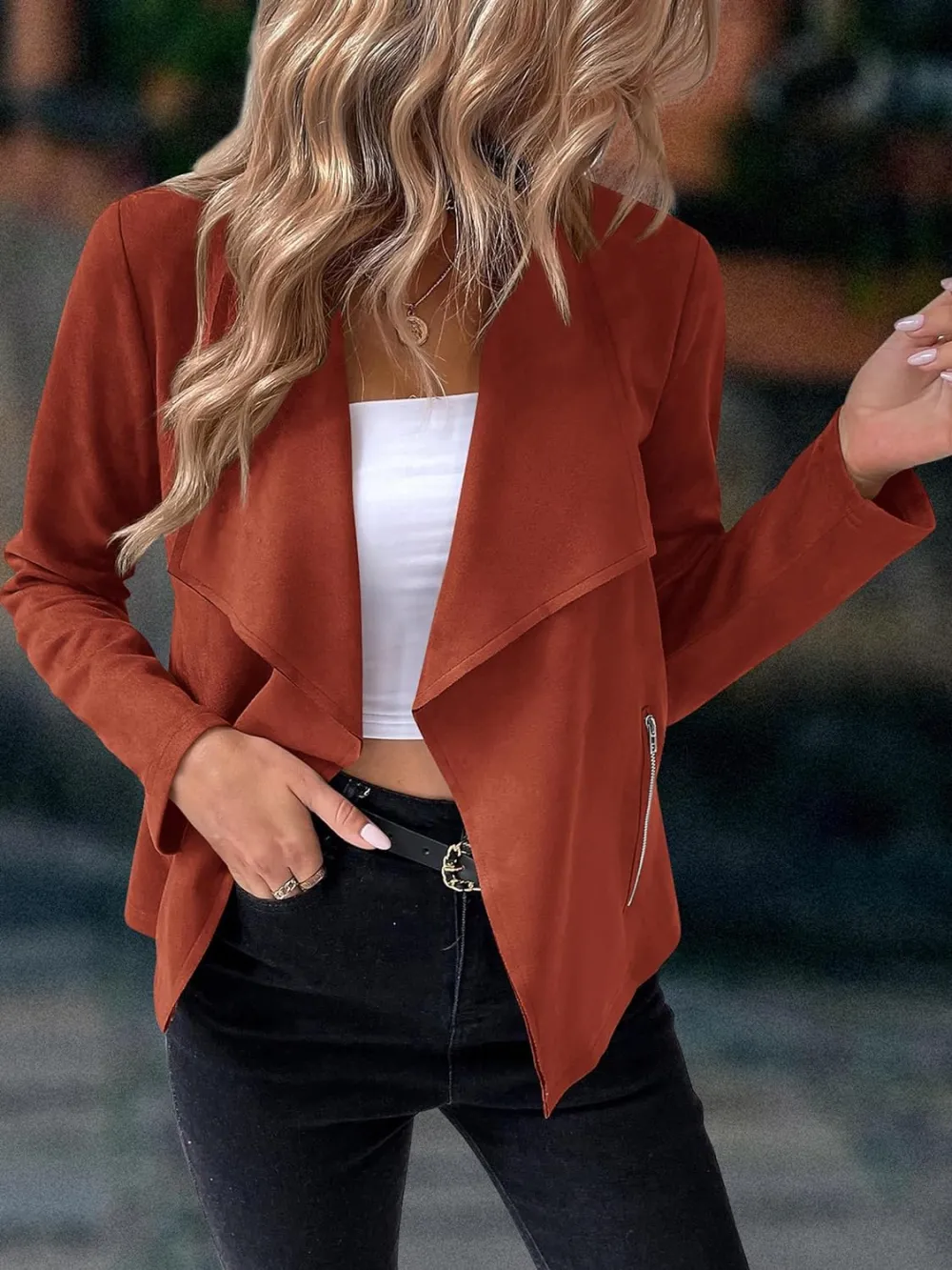 Women's Faux Suede Jackets 2023 Fall Clothes Long Sleeve Open Front Cropped Coat Outwear