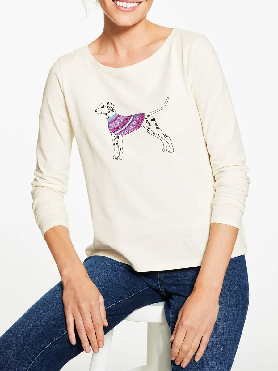 Lady'S Simple And Cute Spotted Dog Long-Sleeved T-Shirt