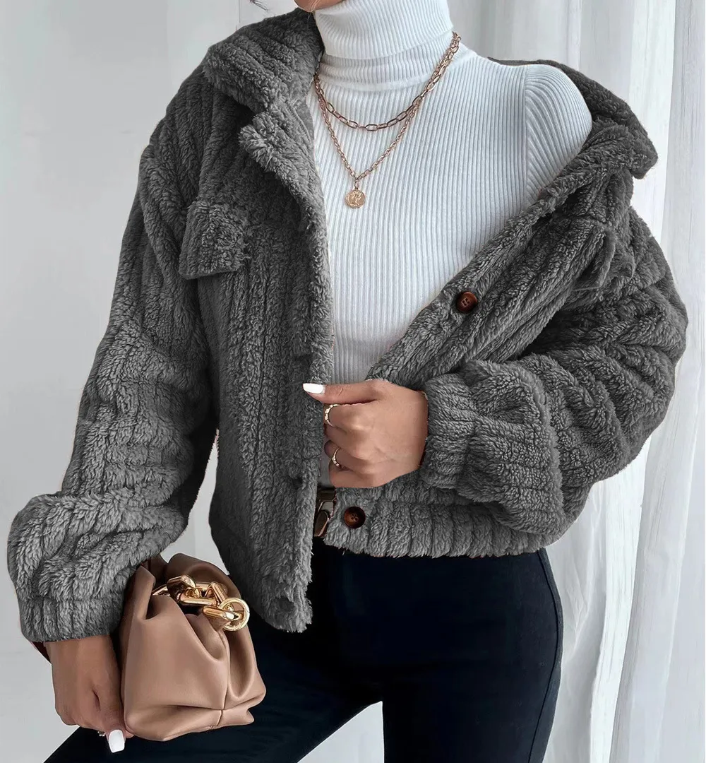 Solid Front Pockets Lapel Plush Coat