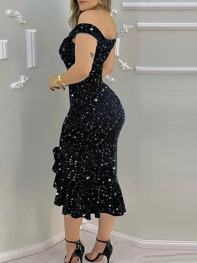 Women's Party Dress Sheath Dress  Knee Length Dress Red starry sky Dark blue starry sky Blue Red Black Sleeveless Elk  Ruffle Split Spring Summer Off Shoulder Elegant Formal Modern Party