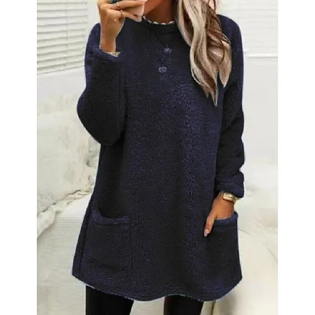 Women's Sweatshirt Pullover Sherpa Fleece Teddy Pocket Marron Black Blue Solid Color Street Casual Round Neck Long Sleeve Fleece S M L XL 2XL 3XL