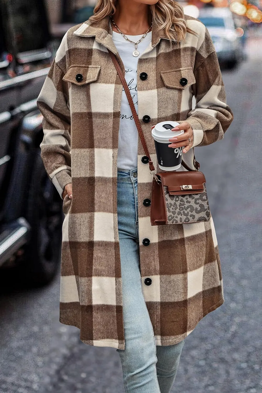 Women's Plaid Shacket 2023 Long Sleeve Button Up Flannel Shirt Winter Tartan Jacket Woolen Coats