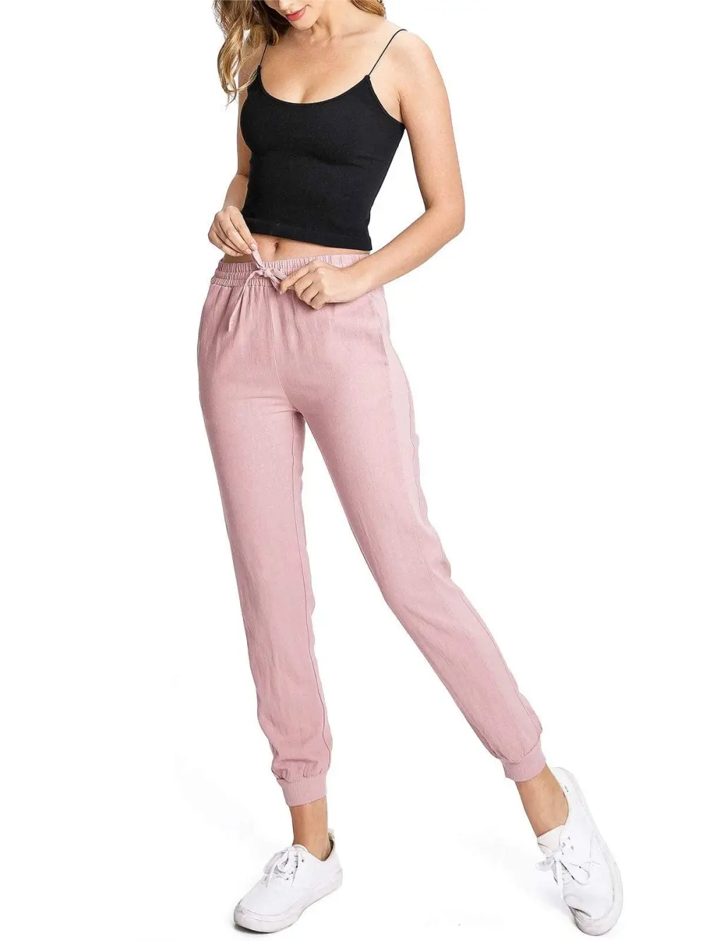 Beige Linen Drawstring Joggers